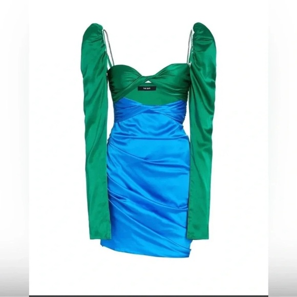 NWT The Bar Twist Green & Blue Silk Bejeweled Mini Dress, Size 8, $495 Retail - Picture 5 of 10